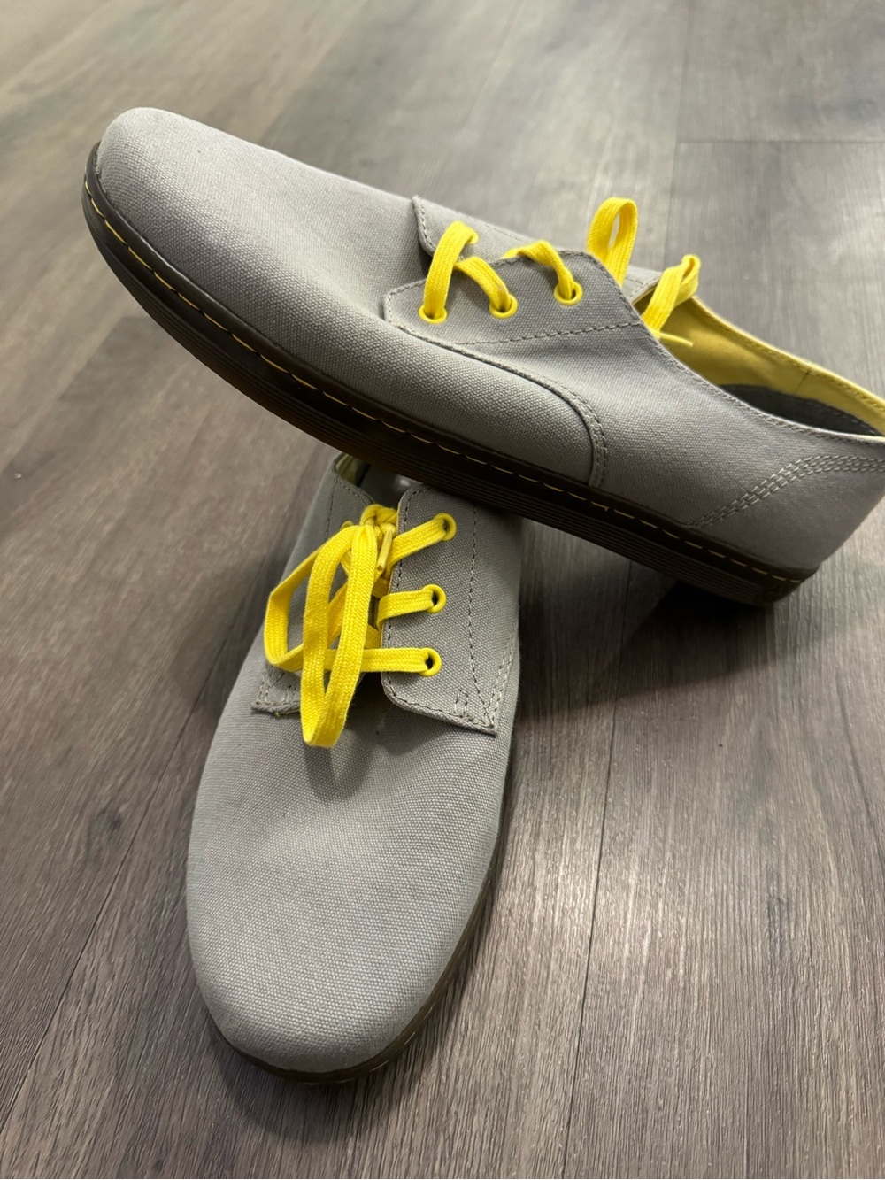 Dr. Martens Light Grey Canvas Sneakers with Yellow Laces